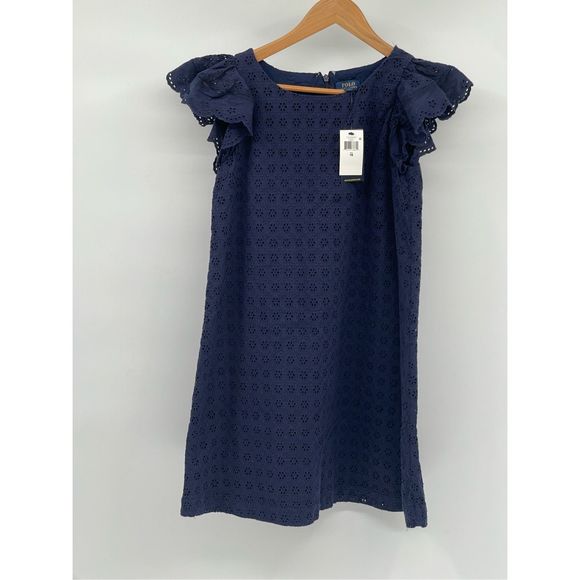 Ralph Lauren Dress Kids Girls Size 16 Navy Blue Eyelet Flutter Sleeve‎ New - Picture 1 of 11
